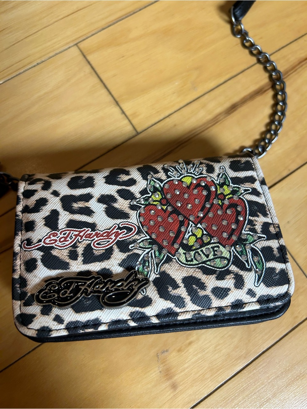 Ed Hardy Leopard Print Crossbody Bag with Red Heart Motif